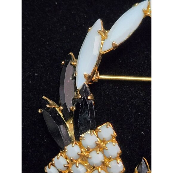 Vintage Milk Glass and Black Rhinestone Goldtone Geometric Brooch - Picture 3 of 4